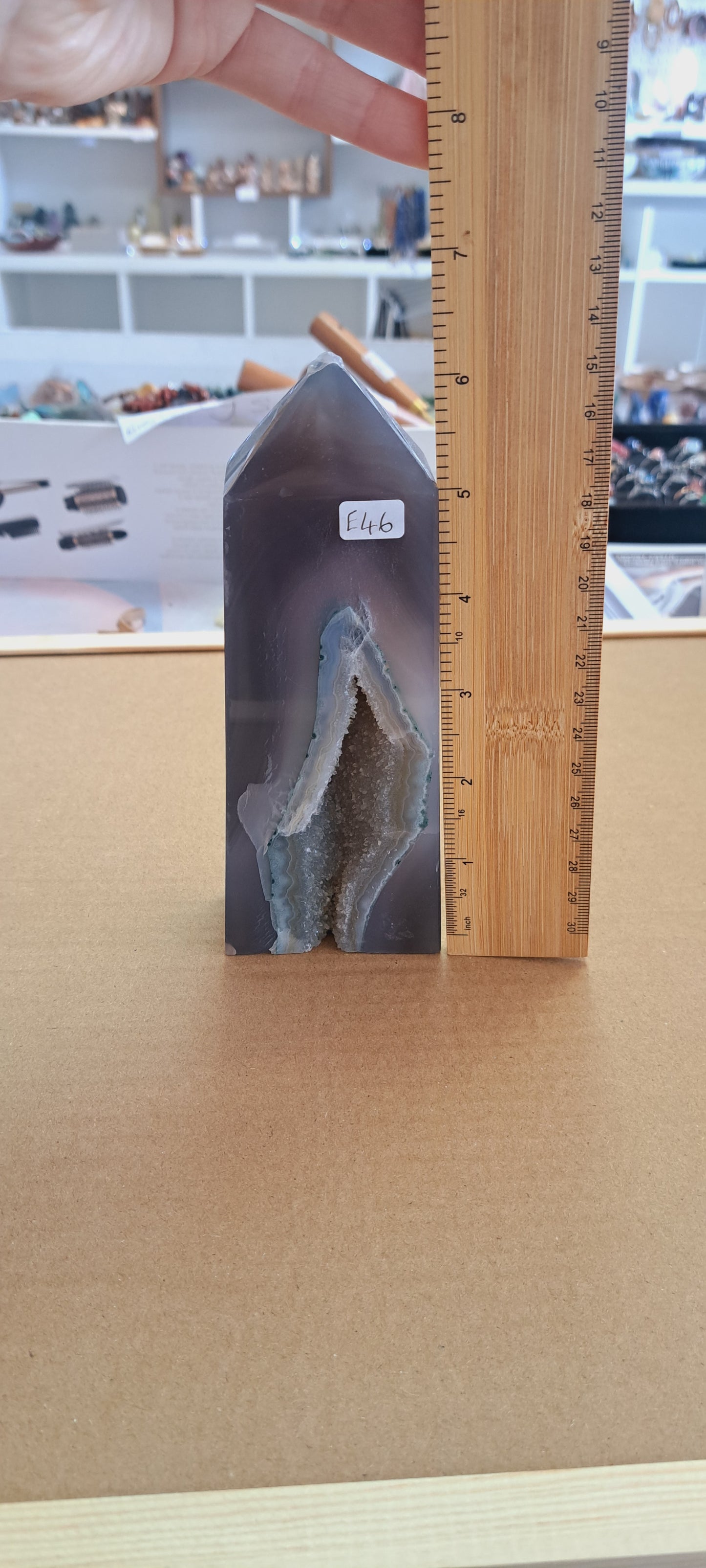 Chunky druzy grey agate tower