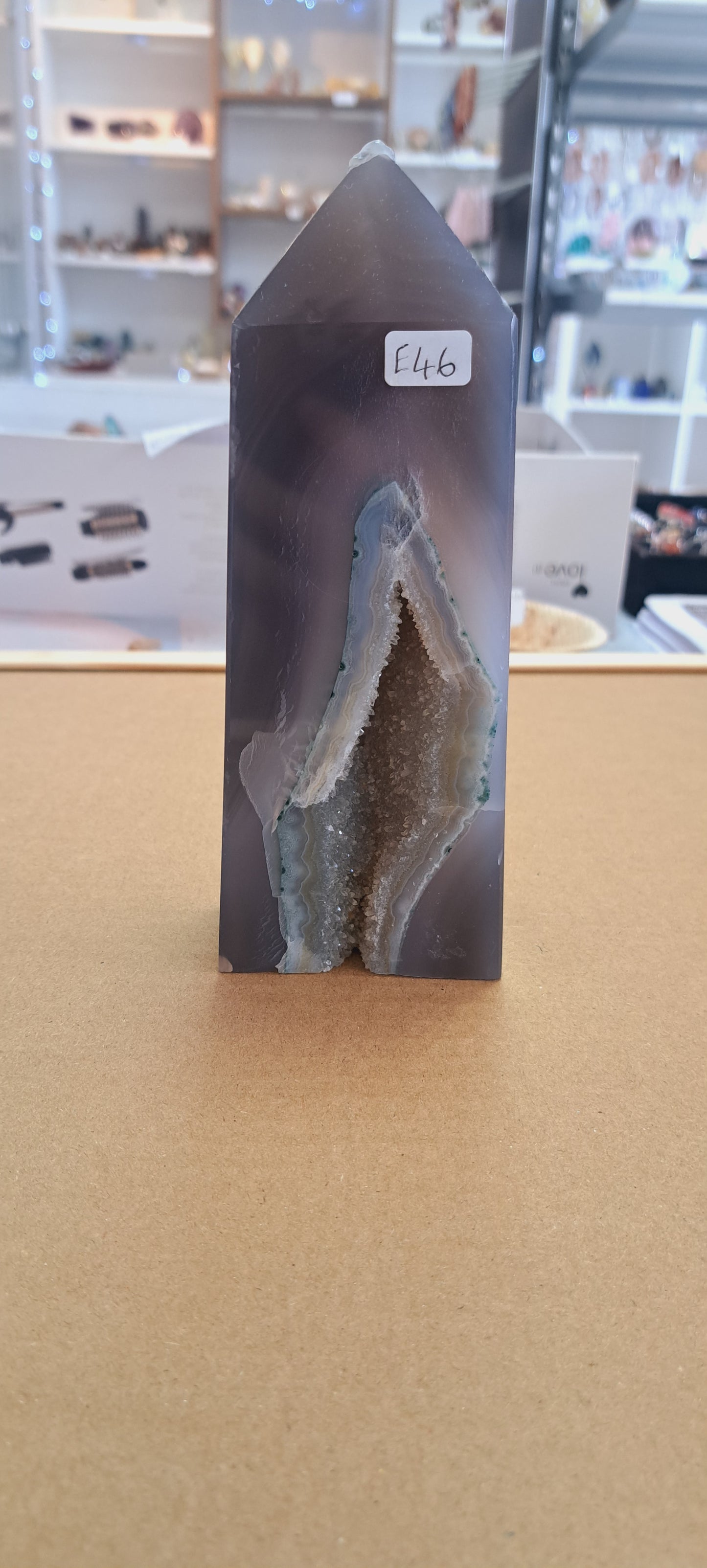 Chunky druzy grey agate tower