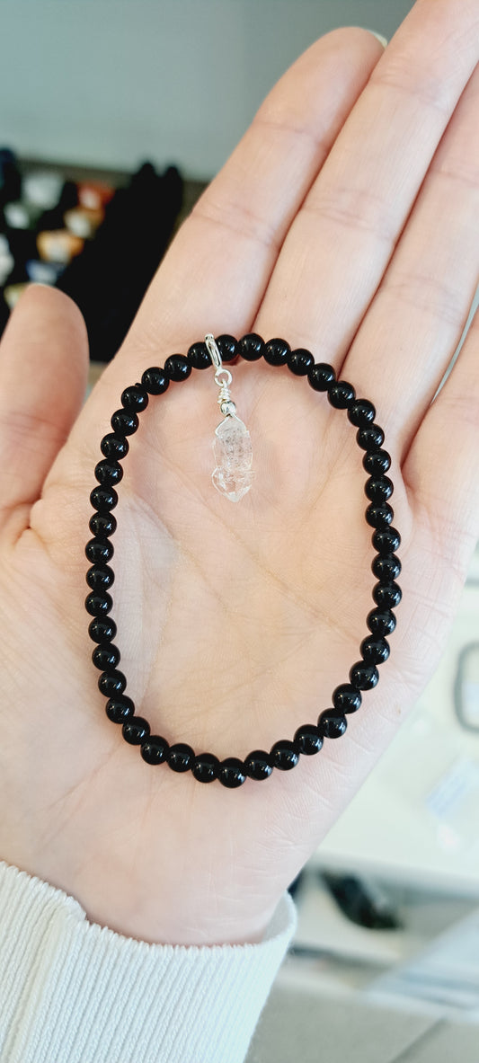 Herkimer diamond on black obsidian bracelet