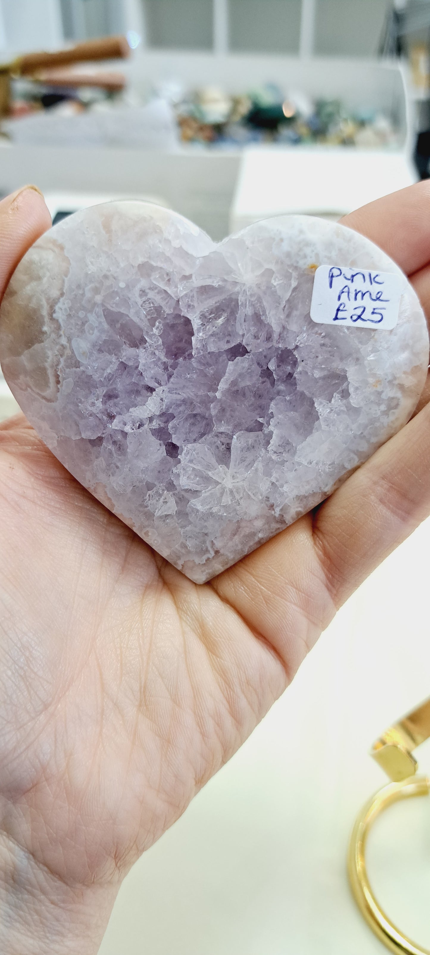 Pink amethyst heart with stand