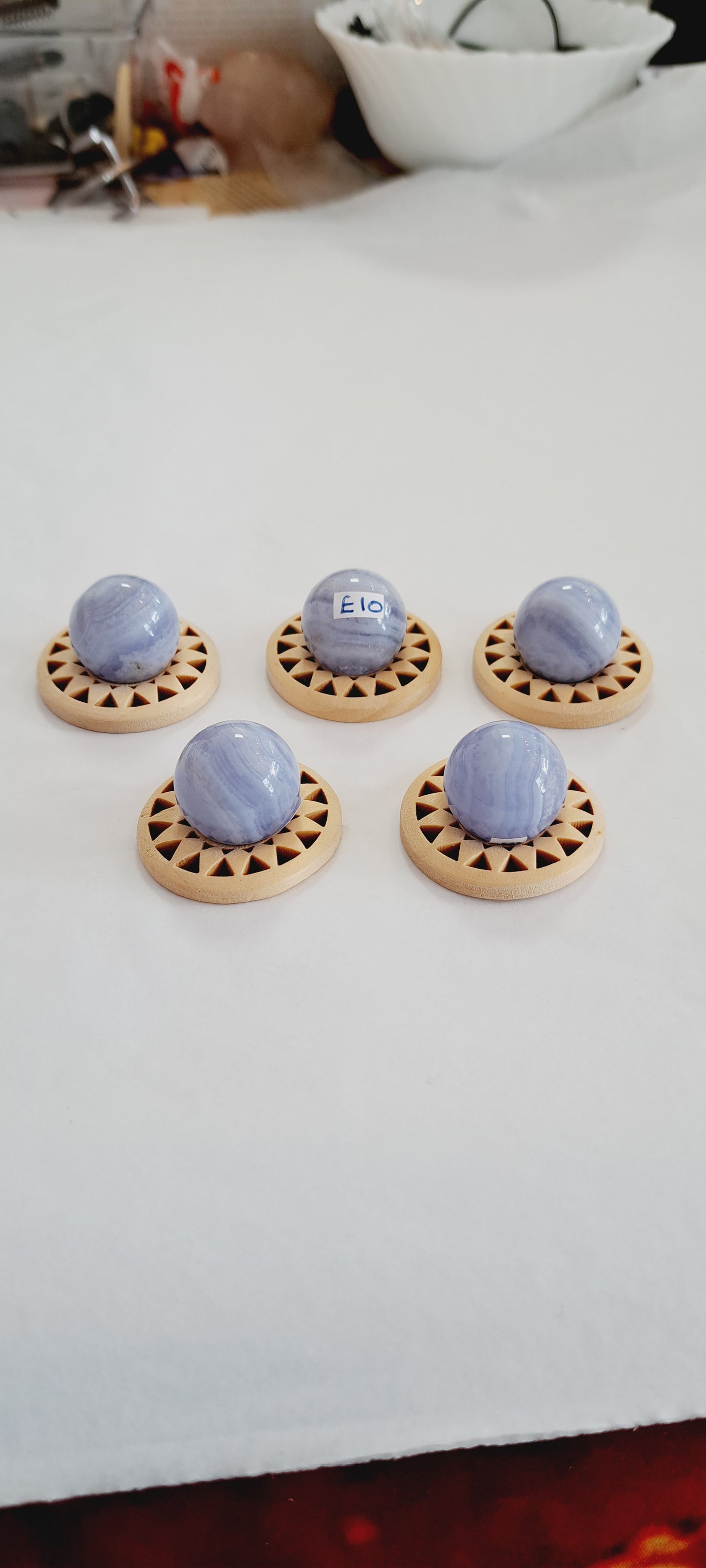 Blue lace sphere with wooden stand