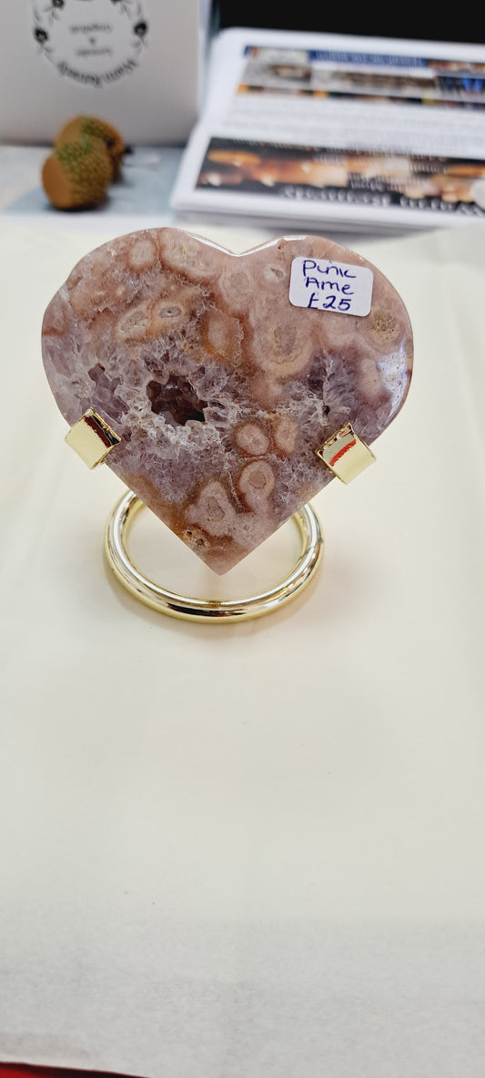 Pink amethyst heart with stand