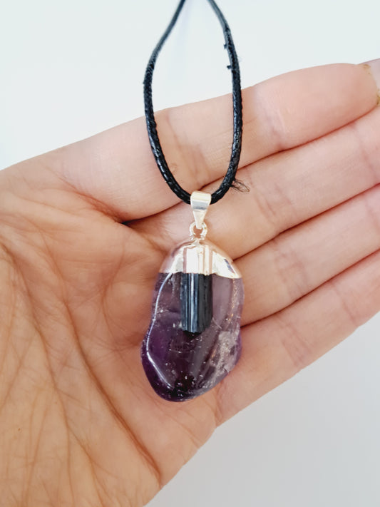 Polished amethyst and tourmaline pendant