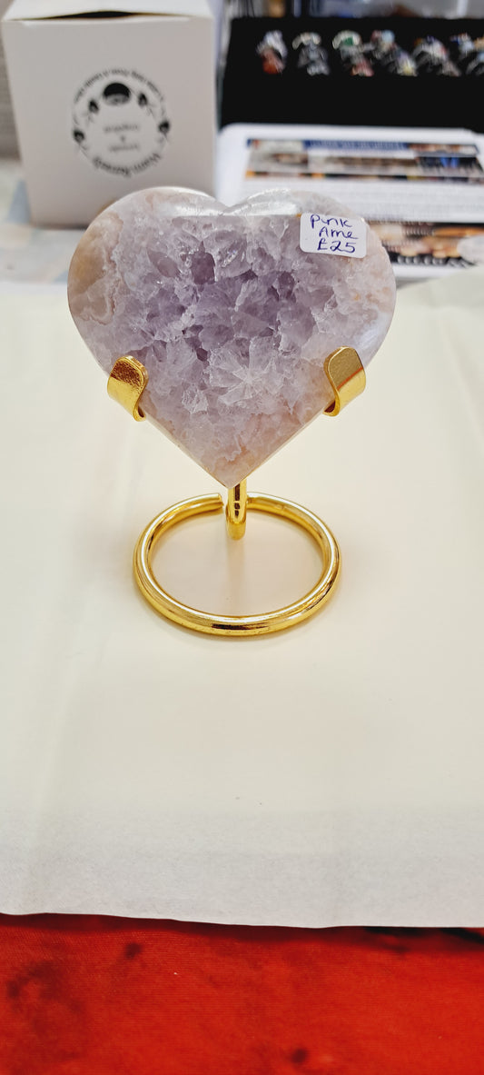 Pink amethyst heart with stand