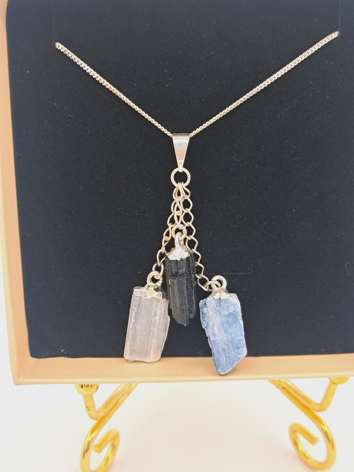 925 silver selenite,tourmaline and kyanite necklace