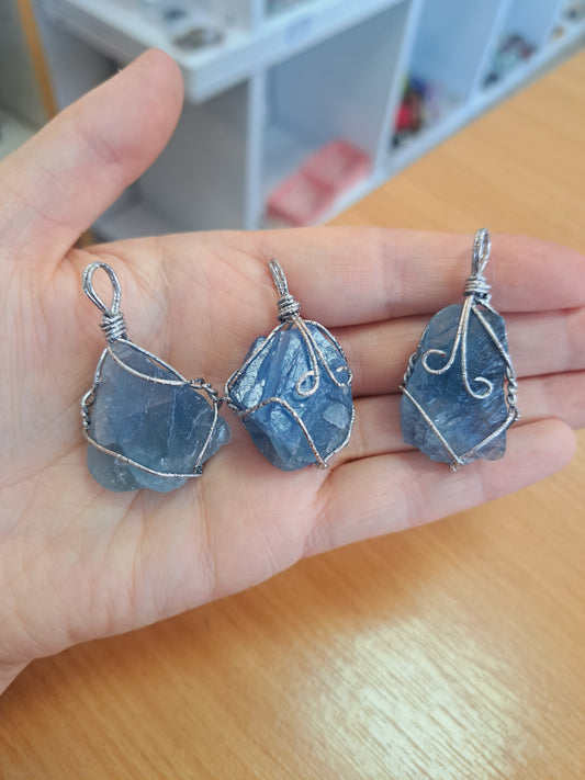 Wire wrapped Blue flurite pendant